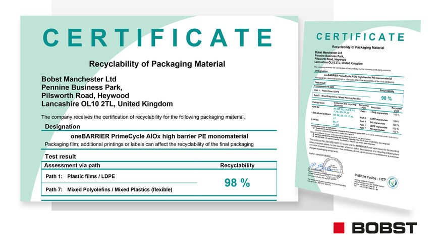 BOBST oneBARRIER PrimeCycle AlOx high barrier PE monomaterial packaging substrate certified with a recyclability level of 98%